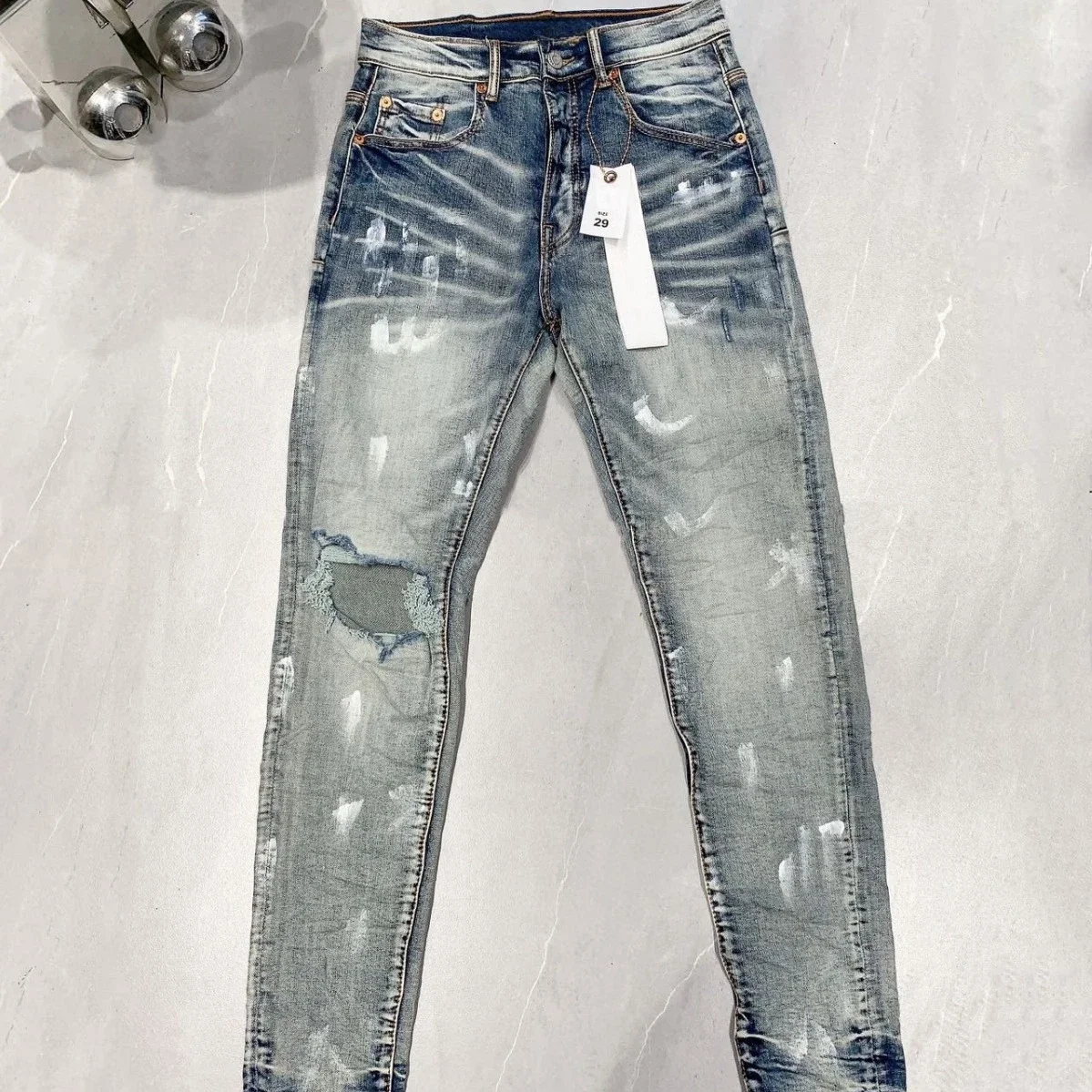 

2024 New Spring Summer Man Jean American High Street Paint Ripped Washed Vintage Slim-Fit High Quality Denim Trendy Fashion