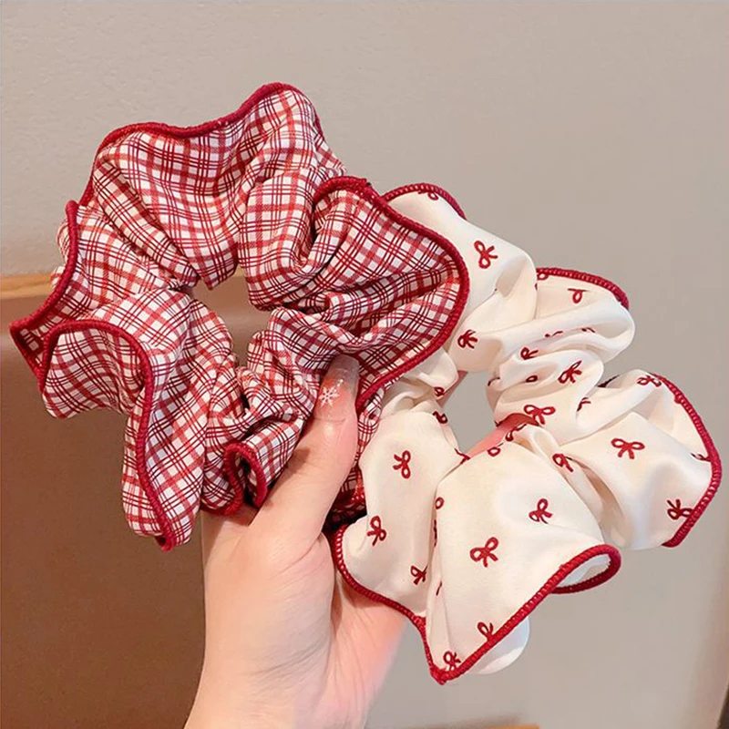 3 pçs doce ponto vermelho bowknot xadrez scrunchies para mulheres meninas macio elástico rabo de cavalo titular suave na moda ano novo natal