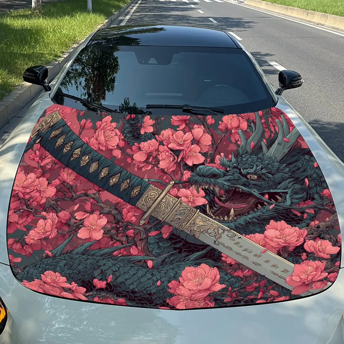 

Виниловая пленка для автомобиля «Дракон и меч в цвете вишни», водонепроницаемая наклейка на капот автомобиля из ПВХ, самоклеящиеся устойчивые к царапинам наклейки для