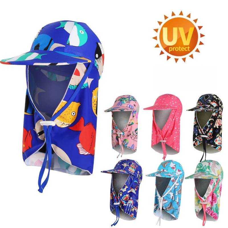 Cappello da nuoto per protezione solare per bambini Cappello da sole UV a tesa larga con copertura per il collo Antivento e sabbia per il nuoto in spiaggia UPF 50+ Gioco all'aperto