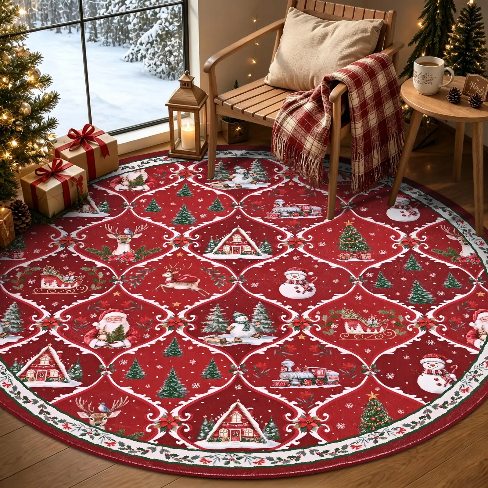 Christmas Patchwork Round Carpet Santa Reindeer Print Soft Floor Carpet for Living Room Bedroom Indoor Holiday Rug