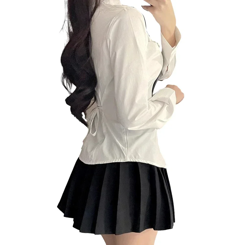 Sexy Shirt Girl Short Sleeve Preppy Style Shirts JK Bandage Slim Fit White Blouse Women Y2k Sweet Bow Tie Neck Blouse Tops