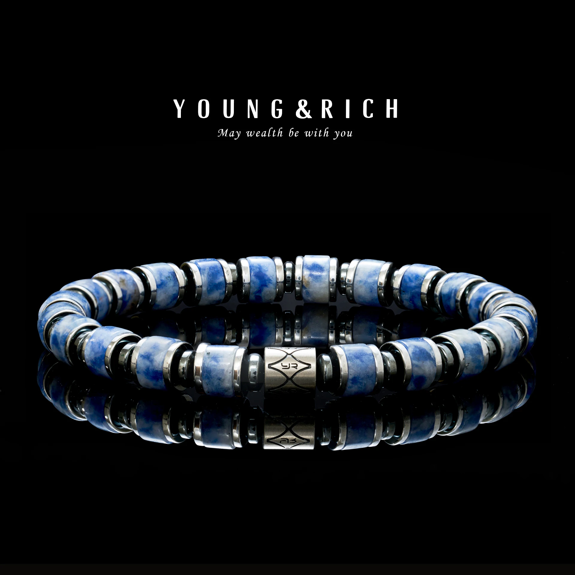 YOUNG&RICH 6mm Men's Blue Natural Stone Barrel Beaded Stretch Bracelet - Vintage Silver Tone Stackable Jewelry