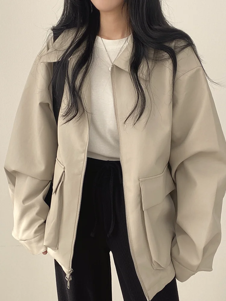 Ele Double ket Zipper Leather Jaet Women's Faion Versatile  Collar Autumn Coat Chic Commute Sle Long Sve