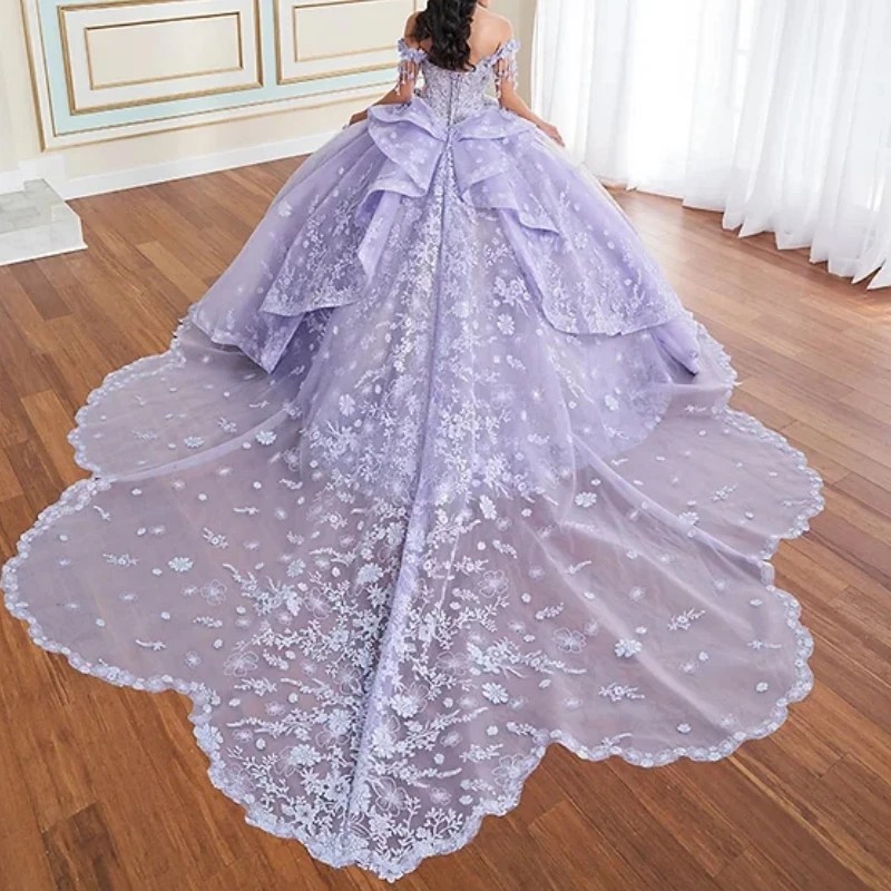 

AQ251 Customized Luxury Lavender Princess Girl Quinceanera Dress Beads Applique Women Prom Party Dress Detached Train Vestido 15