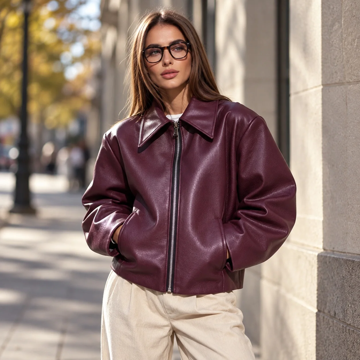 No Hood Pockets Coat Loose Fit Commuter Style with Zipper Closure Notched Collar Regular Length Long Sleeves Women Autumn Jacket