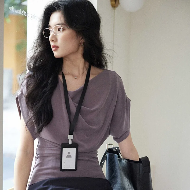 Summer New Temperament Fashionable Stacked Bat Short-sleeved T-shirt for Women's Commuting Design Swung Collar Purple Short Top