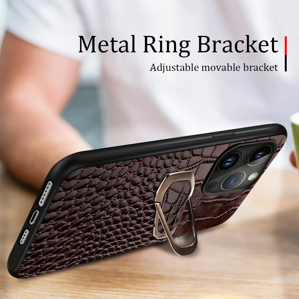 Genuine Leather Phone Case for Apple iPhone 15 14 Pro Max 15Pro 14Pro 13Pro Max Bracket Back Cover with Ring