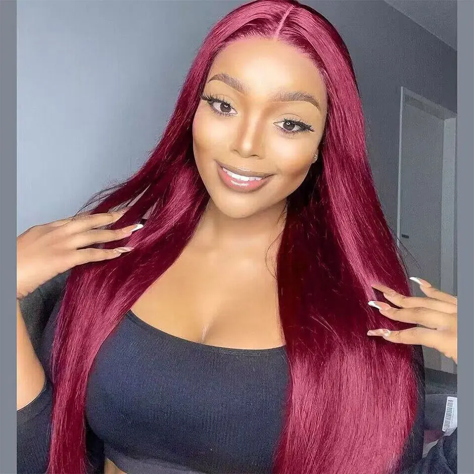 

Wear Go Glueless Wigs Brazilian Straight Burgundy Lace Frontal Wigs For Women Glueless Preplucked Human Wigs Ready To Go 99J Wig