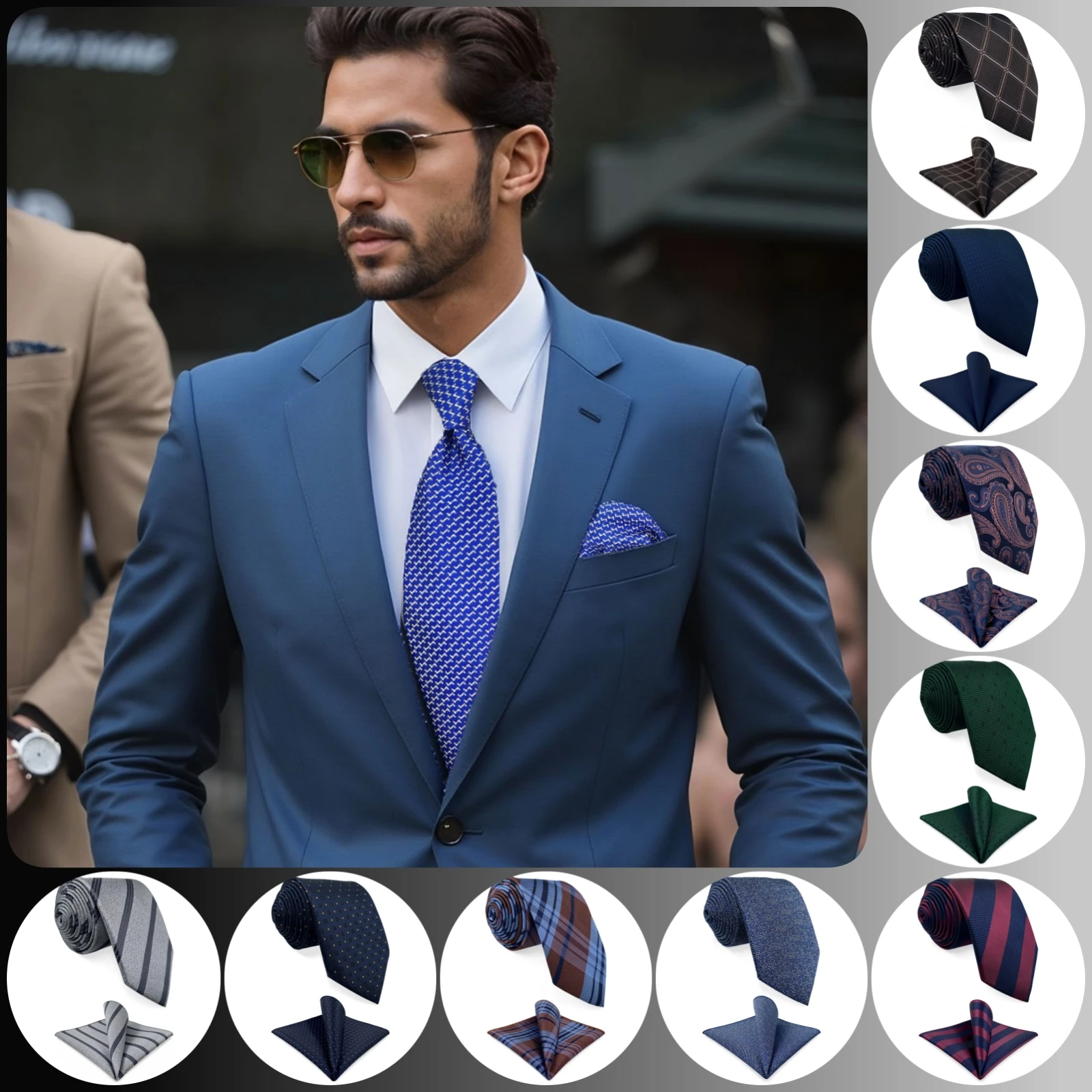 Extra Long Mens Necktie Pocket Square Set Checked Paisley Tie Hanky Set Blue Brown Silver Green Gift XL Gravatas Formal Wedding