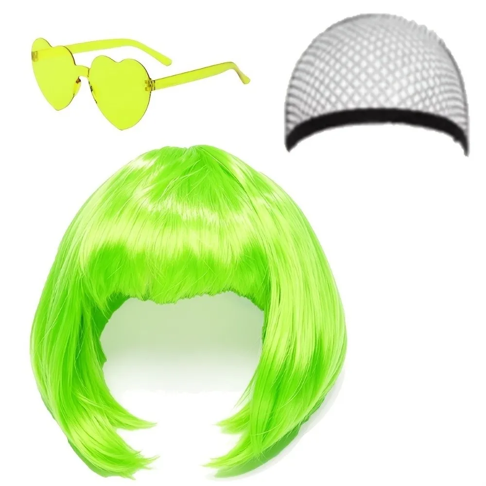 3Pcs Colorful Short Bob Hair Wig Halloween Christmas Cosplay Wig Set with Hairnet and Glasses Party Short Bangs Halloween