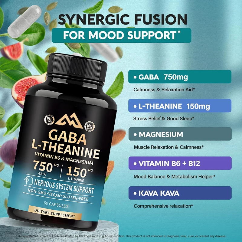 High quality GABA L-theanine 900mg vitamin B6 B12 magnesium vegetarian capsules relieve stress and support overall health