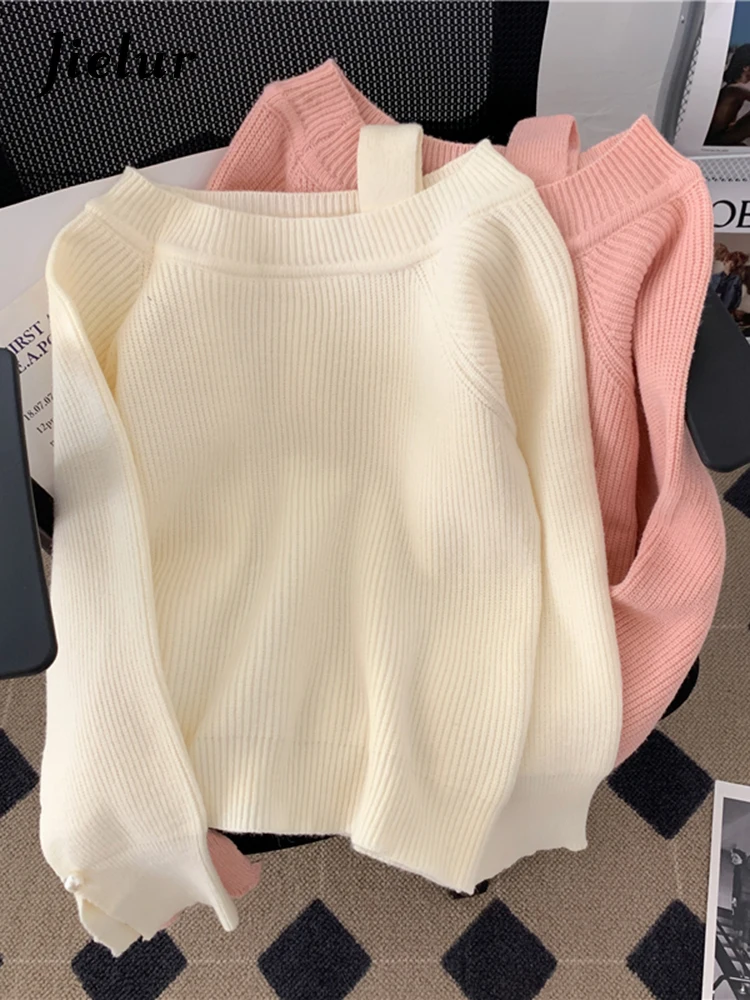 Jielur Simple Chic Women Sweaters Cashmere Loose Pink White Pullover Lazy Style Gentle Sweet Off-the-shoulder Sweater Autumn