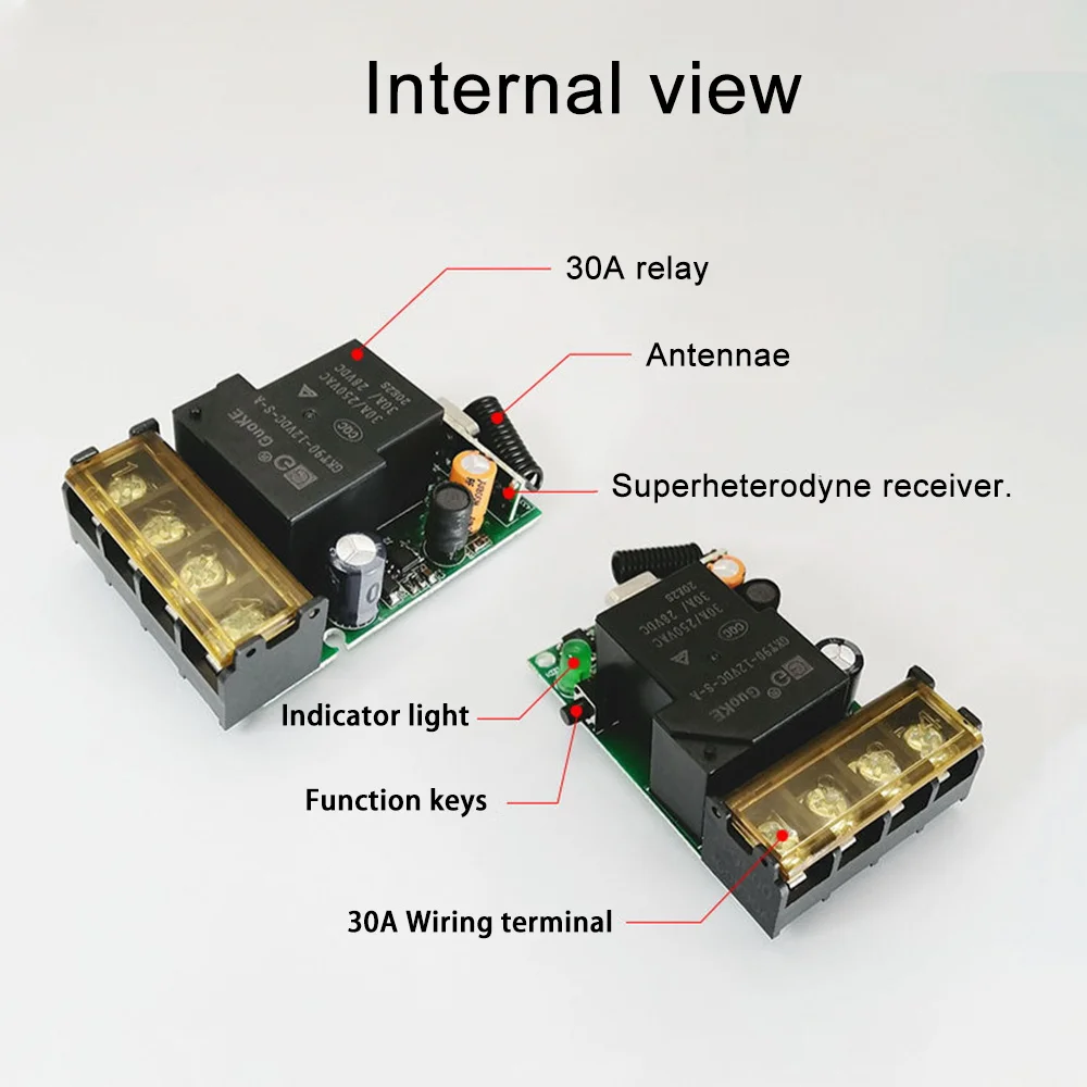 433Mhz DC 12V 24V 48V 72V 30A Wireless RF Relay Receiver Transmitter  Remote Control Switch For Motor Fan Light Switche