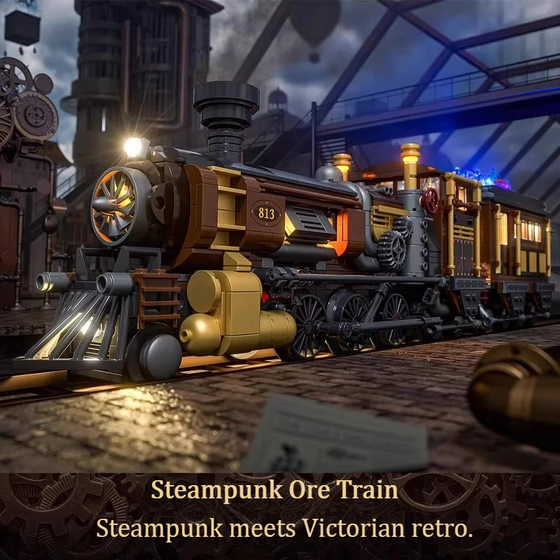 

New Steampunk World Train Building Blocks Retro Style Train Assembly Lighting Toy Model Loaded with Ore Desktop Decoration Gifts