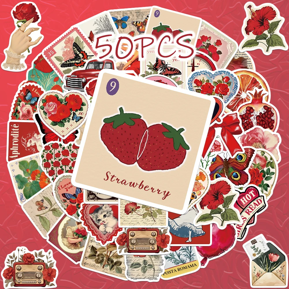 

50pcs Red Aesthetic themed decorative stickers for New Year gift party decals Back to school laptop cellphone case skateboard