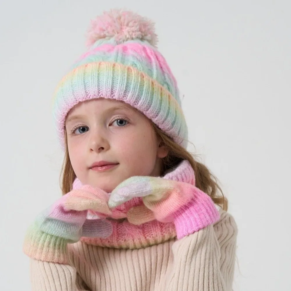 

Soft Gradient Color Baby Hat Scarf Gloves Set Cute Pompom Warm Ears Toddler Knitted Hat Thickened with Velvet Hat Set
