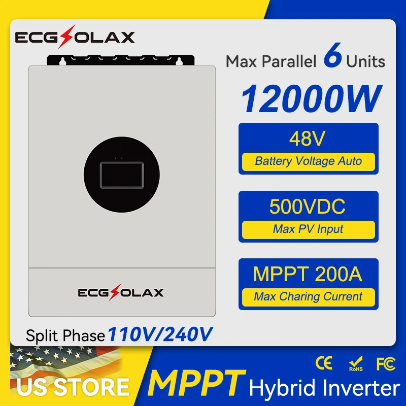 ECGSOLAX 12KW Hybrid Solar Inverter 48V 110V/240V Split Phase Pure Sine Wave Inverter With MPPT 200A Charging Controller PV 500V