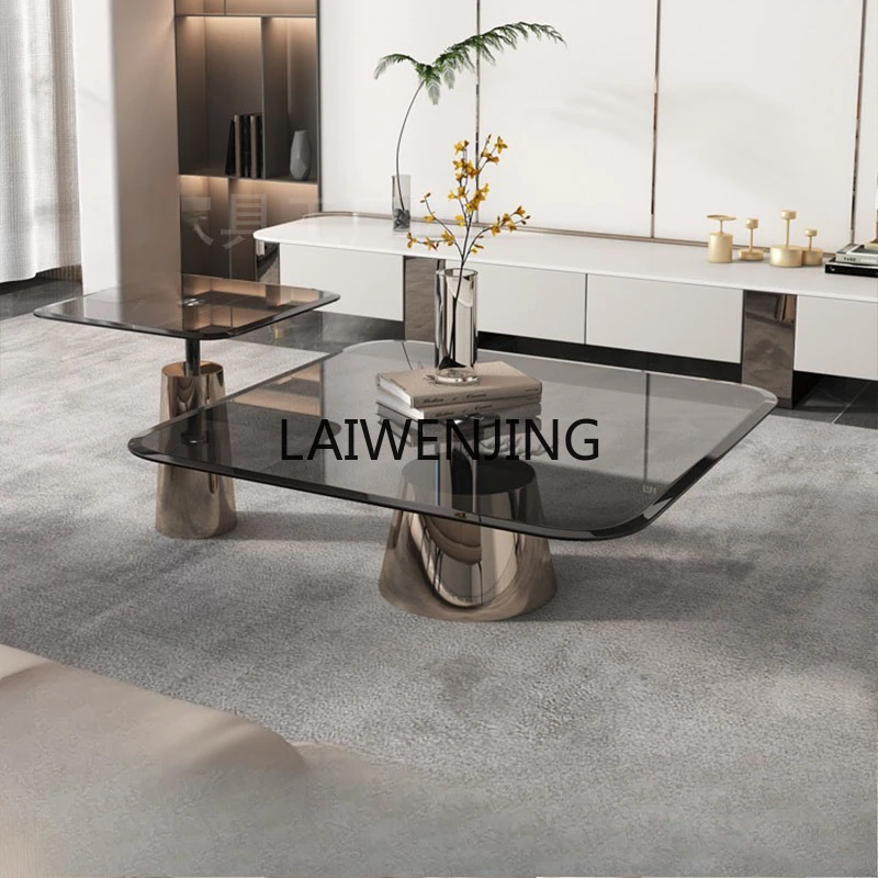 HLZ minimalist tempered glass coffee table silver stainless steel home living room