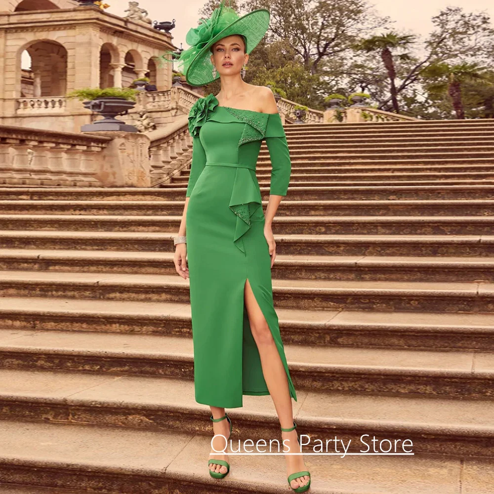 Cheap Mother of The Bride Dress Customized Boat Neck Half Sleeves Flower Beading Tea Length Slit Wedding Guest Gowns