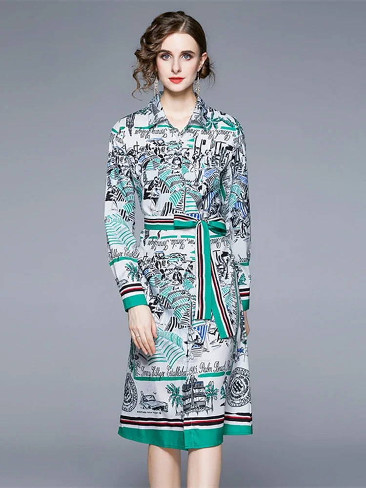 New Fashion Vintage Shirt Dress Women Office Formal Long Sleeve Single Breasted A Line Lace Up Female Chiffon Midi Vestidos