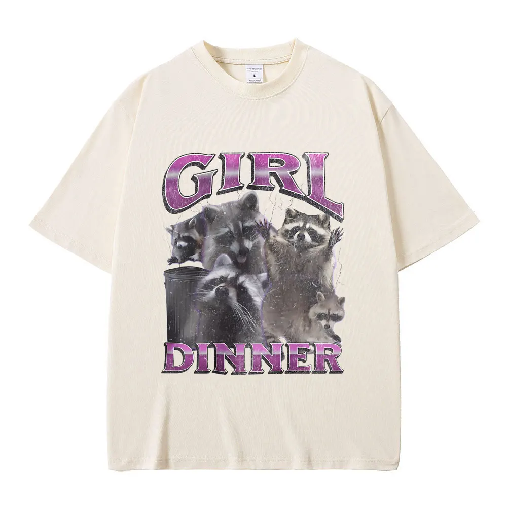 فتاة عشاء مضحك الراكون الجرافيك تي شيرت الرجال النساء Y2K خمر ميمي تي شيرت للجنسين موضة المتضخم O-طوق قصيرة الأكمام #4