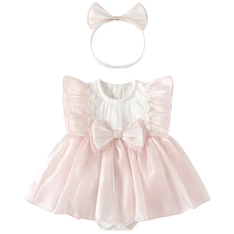 2Piece Summer Newborn Girls Clothes Korean Cute Bow Sleeveless Mesh Cotton Baby Dresses+Hair Band Toddler Birthday Dress B043