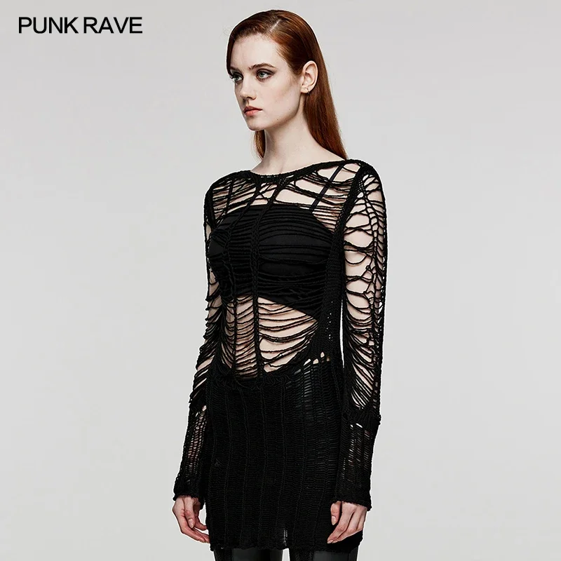 PUNK RAVE women\'s Punk Sexy Hollow Woven Soft Wool maglione lungo personalizzato Decadent allentato top pullover