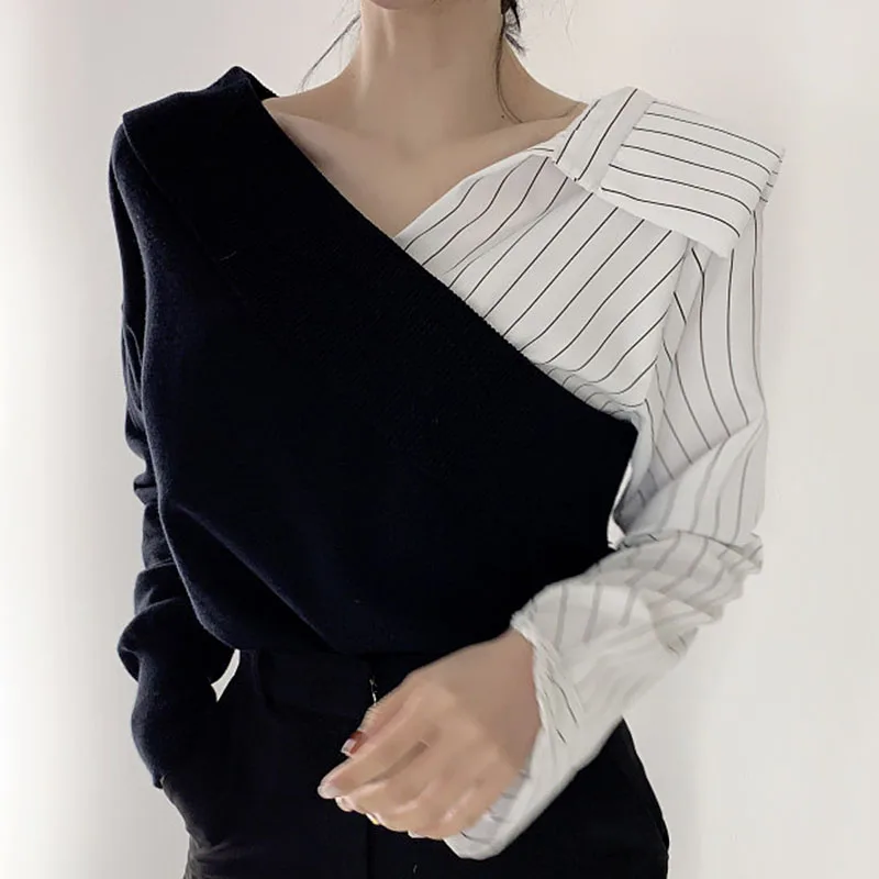 Elegancki wiosenny top z dzianiny w paski, z efektem łączenia kolorów, o luźnym kroju w stylu koreańskim, z dekoltem w serek.