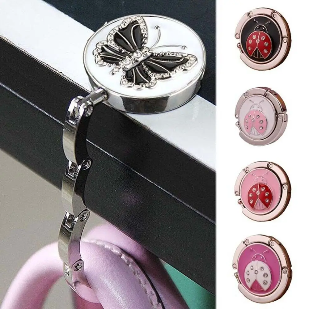 Round Metal Hanger Hook Holder Unique Folding Portable Butterfly Pattern Fashion Table Hook 1Pcs Crystal Alloy Purse Handbag Bag