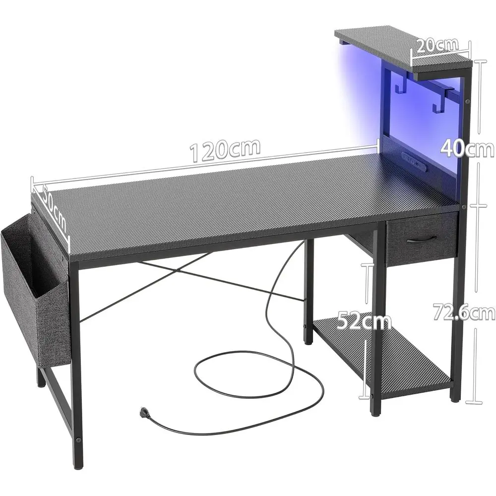 47 Carbon Fiber Gaming Desk with LED Light, Power Outlet, and Storage for Home Office