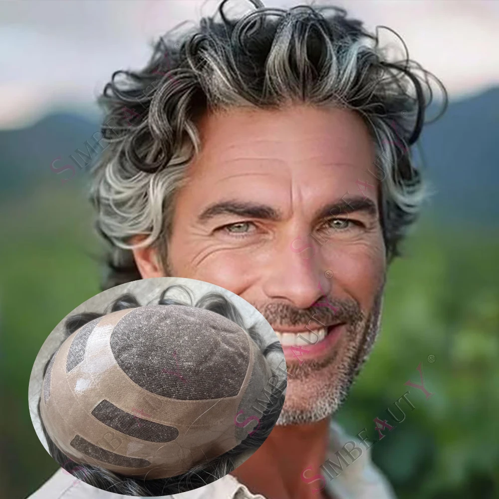 

28mm Loose Curly Men's Super Durable Bond Mono #550 Gray Brown Black Human Hair Toupee Natural Hairline Capillary Prothesis Unit
