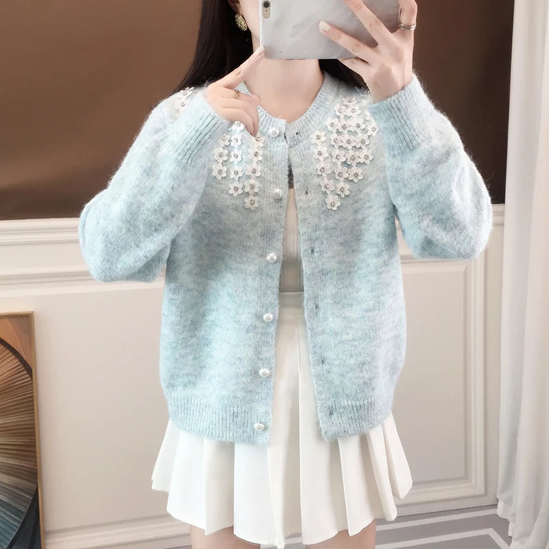 

Autumn Winter New Sweet Flower Elegant Knitted Sweater Women Fashion O-Neck Single Bresated Long Sleeve Loose Cardigan Tops