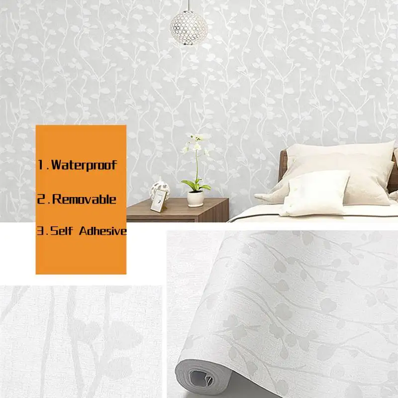 3D Embossed Branches and Leaves Self-adhesive Wallpaper Waterproof Durable Pastoral Style Peel & Stick Contact Paper for Walls