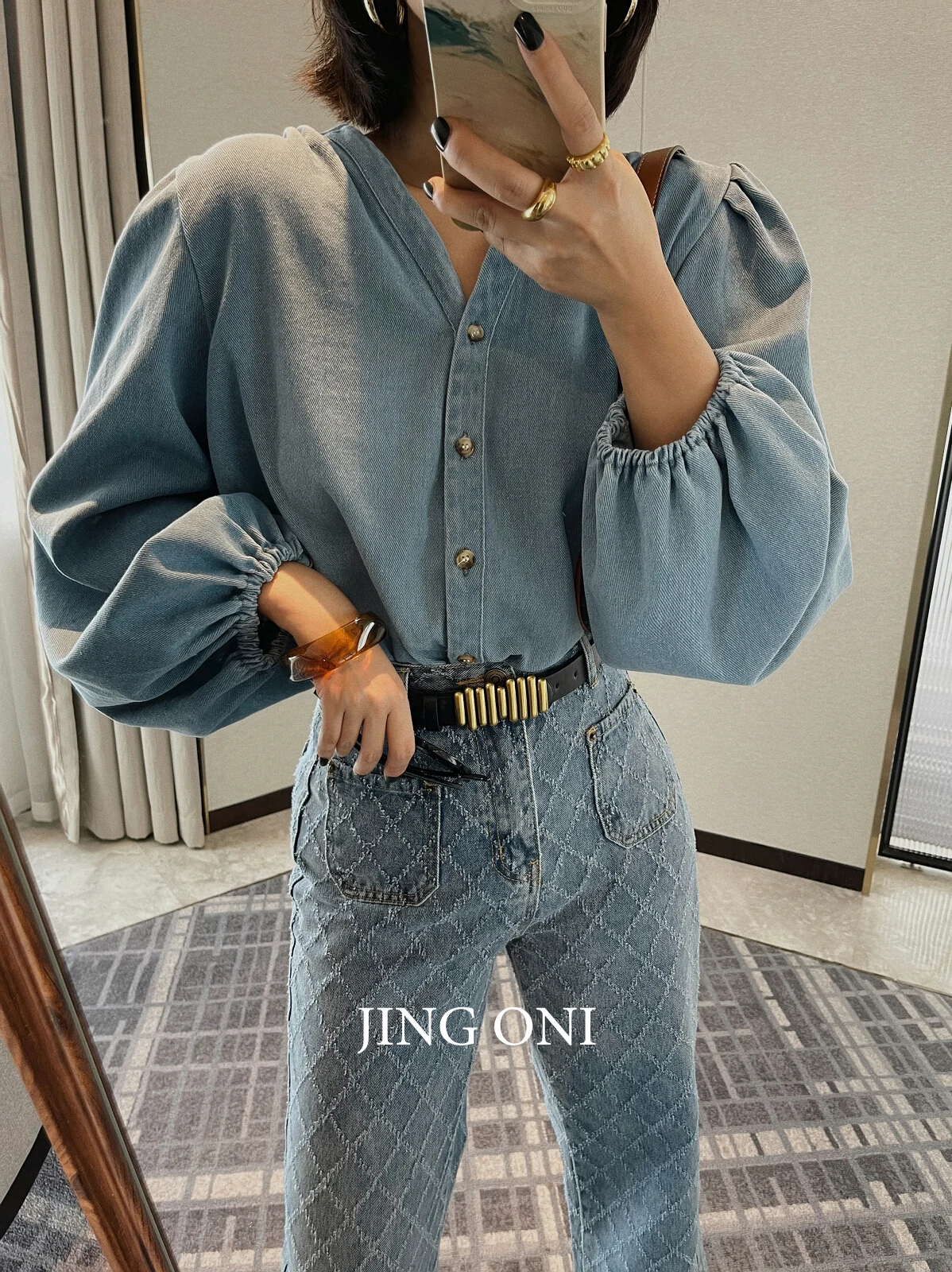 Denim Shirt Y2k Woman Clothing Fashion Blouse 2023 Top Cropped Lantern Long Sleeve Vintage Korean Style Oversized Elegant Youth