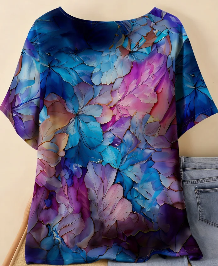 2026 Summer Fashion Rainbow Flower T-shirt Shaped Adult 3D Retro T-shirt Round Neck Children's Outdoor Vacation Beach T-shirt