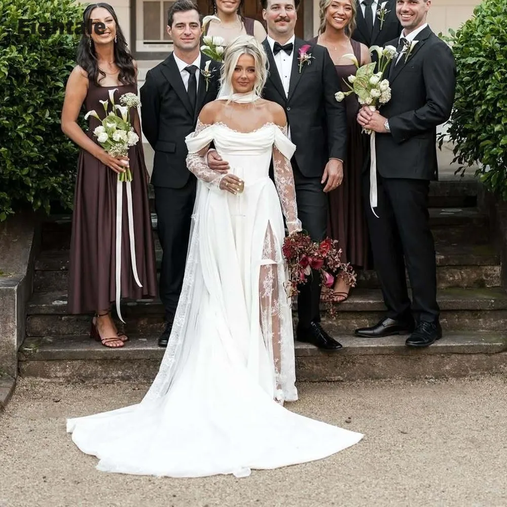 

Eightale Arabic Wedding Dresses off the Shoulder Customized Long Sleeve Lace Side Slit Princess Bridal Gowns Vestidos De Novia