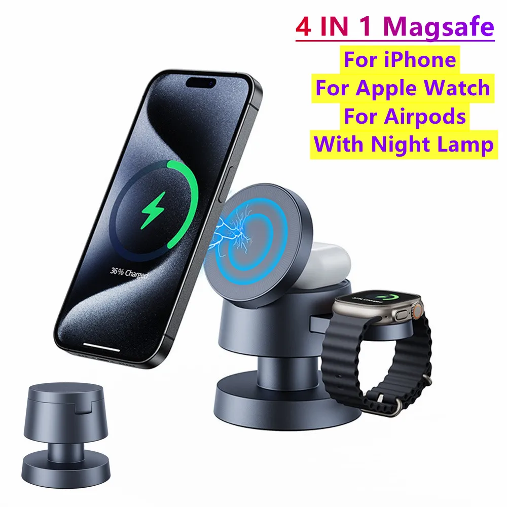 Magnetic 4 en 1 Cargador inalámbrico para iPhone 16 15 14 13 12 Pro Máxil con Night Light Fast Charging Dock Station para Apple Watch 10 9 8 7 AirPods Pro 3 2