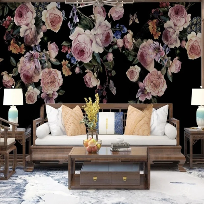 

Custom Hand-Painted Rose Mural Wallpaper - Elegant Vintage Floral Background Wall Design for Living Room Bedroom Wedding Party