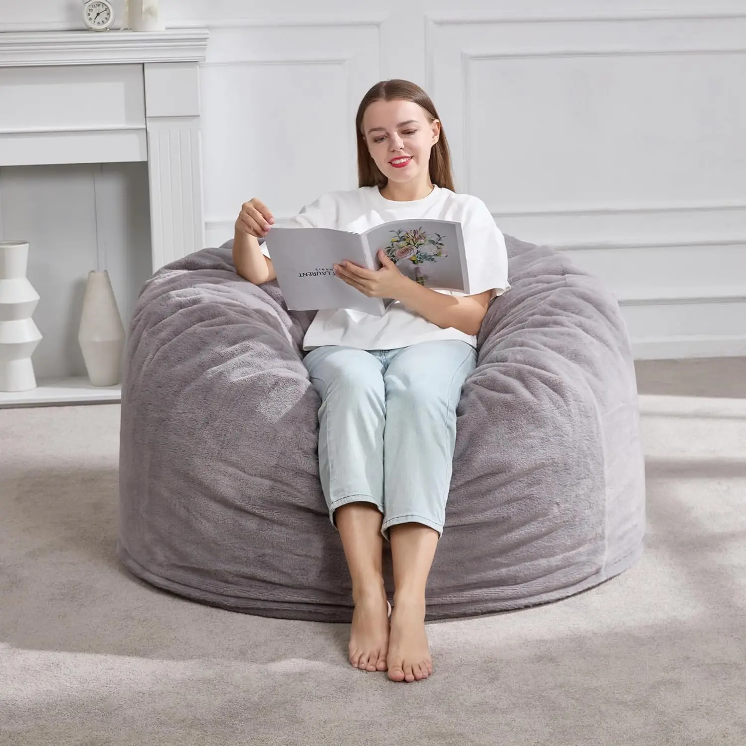 3ft Large Adult Faux Fur Bean Bag Chair 36x36x22, Grey Comfy Lazy Sofa for Living Room Bedroom Dorm Office Daily Relax