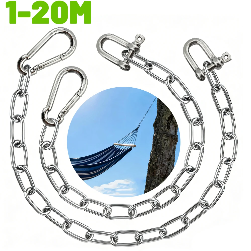 

304 Stainless Steel Chain with Carabiner 1-20M 2-4mm Heavy Duty Rustproof for Swing Hammock Pet Leash Clothesline DIY