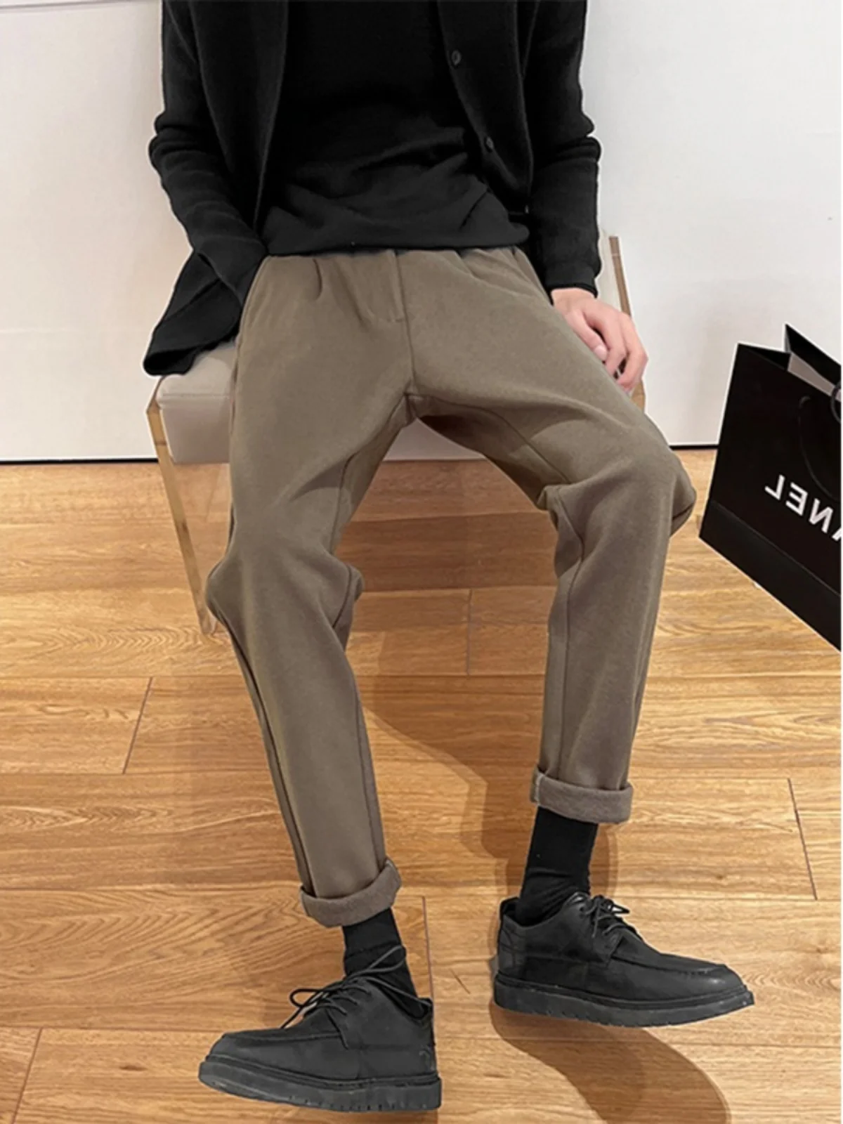 

너 коричневые мужские шерстяные брюки осень-зима уличный Sle повседневные свободные прямые брюки модная универсальная мужская одежда