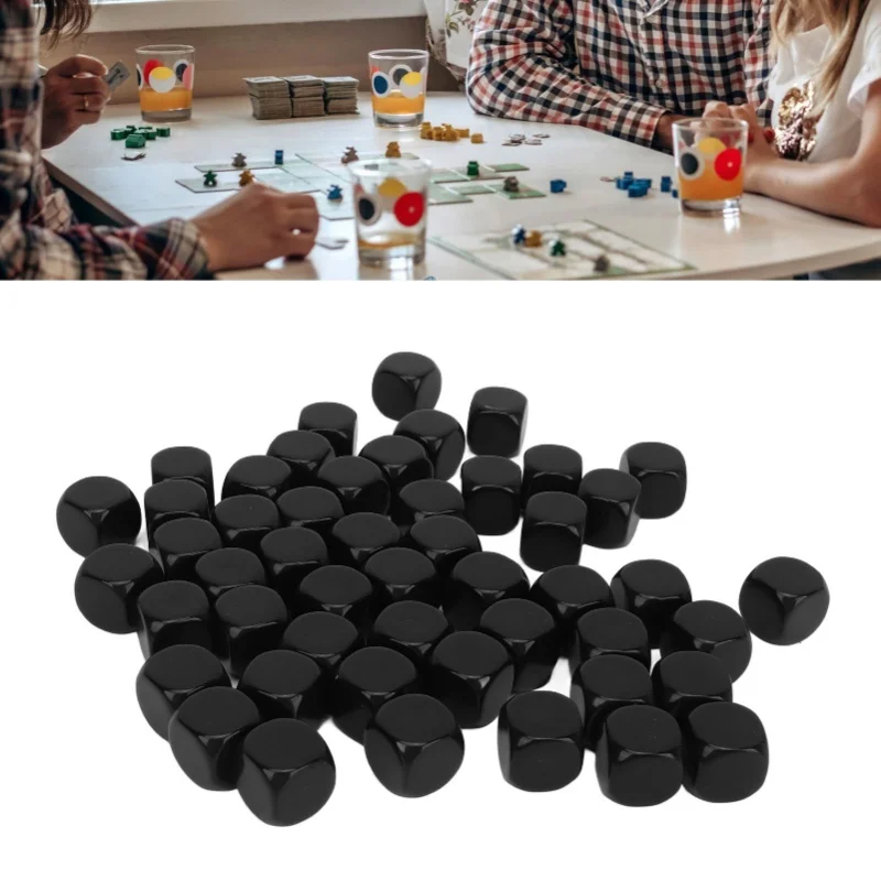 50PCS Blank Six Sided Dice Round Corner Plastic 0.6in Dice Cubes For Board Games DIY Sticker Math Teaching Party Black