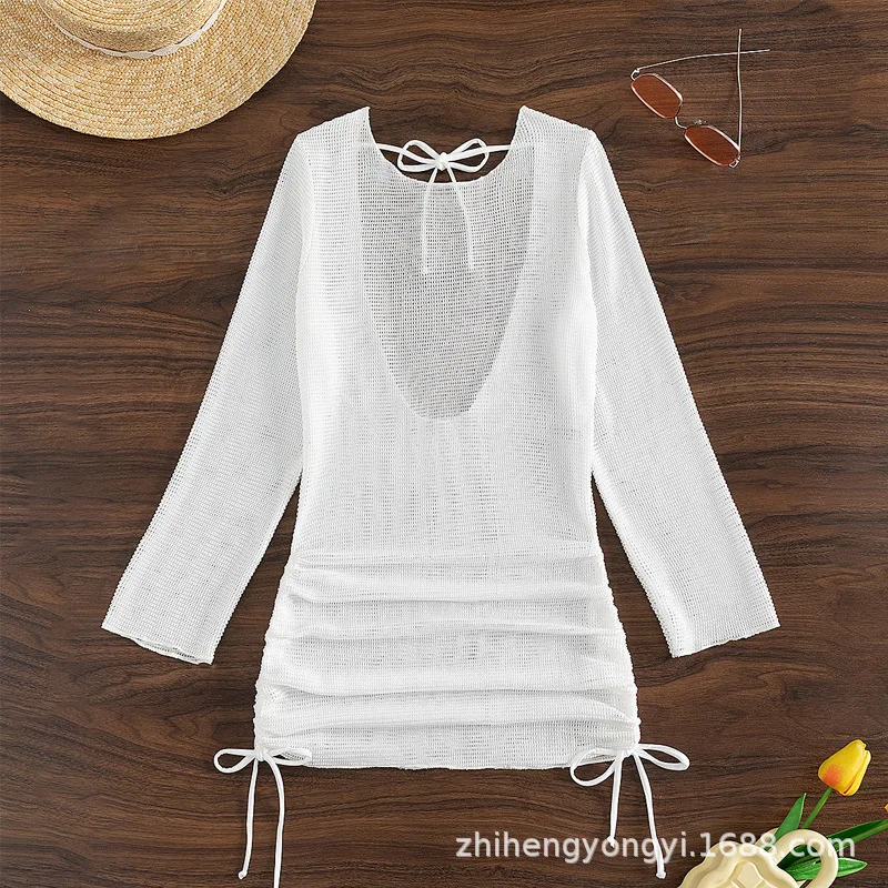 S - XL Long Sleeve Backless Crochet Knitted Tunic Beach Cover Up Cover-ups Beach Dress Beach Wear Beachwear Female Women V5038