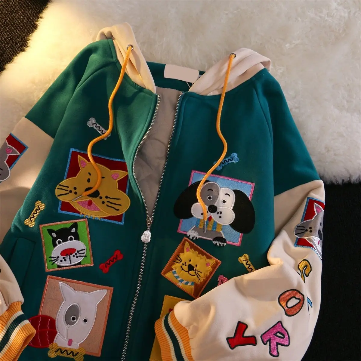 2022 Color Block Vintage Cute Cartoon Print Zip Up Hoodies Women Kawaii Spring Clothes Sweatshirt Jackets Coats Oversized Teens