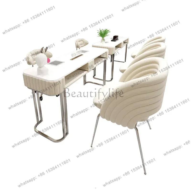 FG Cream Style Stainless Steel Nail Table And Chair Set With Embedded New Vacuum Cleaner Nail Table Mesa Manicura Saloon Furnitu