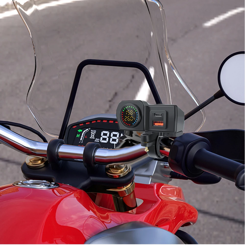 Color Display Dual QC3.0 PD Motorcycle Charger Fast Charging Voltmeter Thermometer Digital Display Mobile Phone Charger Socket