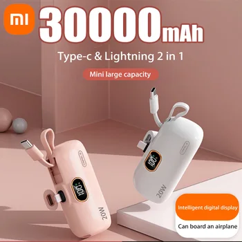 Xiaomi mini 30000mah power bank cabo construído portátil carregador de telefone móvel cápsula de bateria externa powerbank para iphone tipo-c