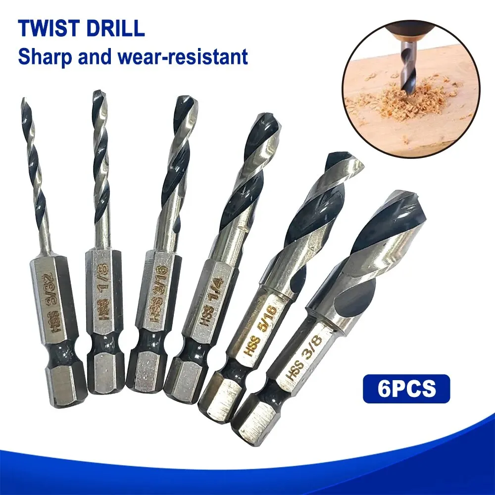 

6pc High Speed Steel Hexagonal Shank Integrated Twist Drill British System Woodworking Drill Two Edge and Two Slot Drilling Tool