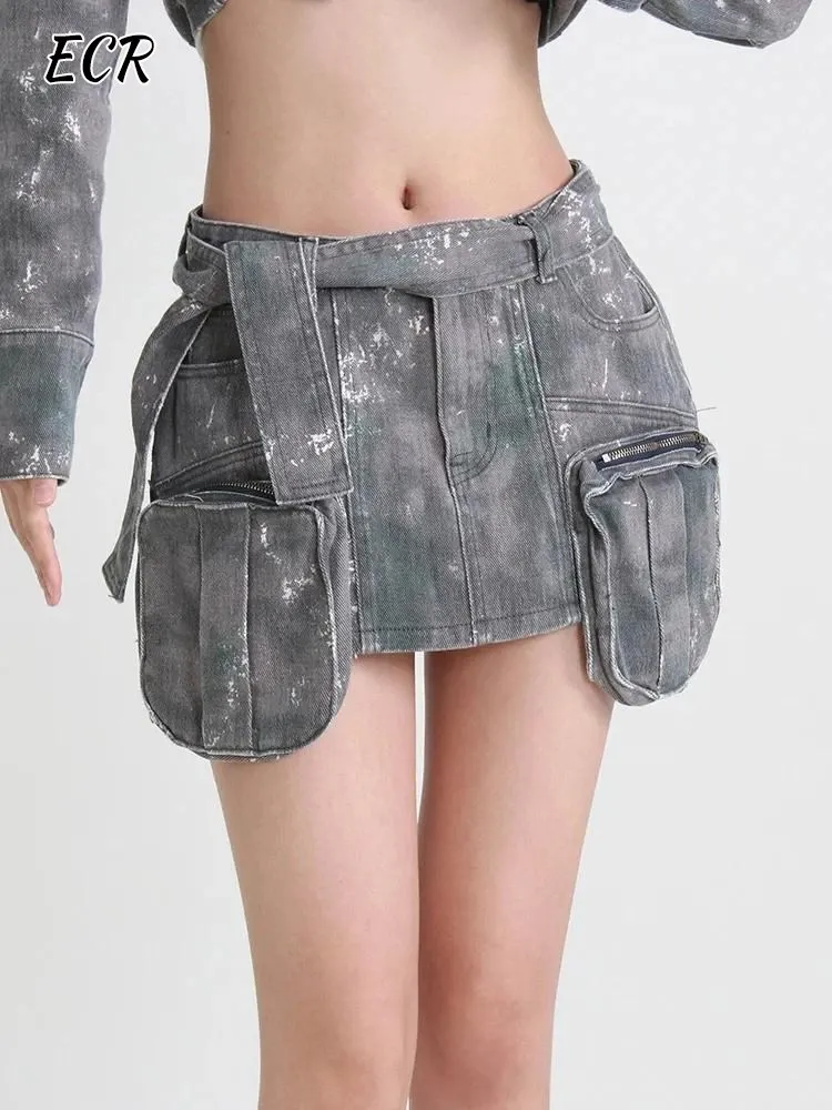 ECR Patchwork Pockets Camouflage Denim Skirt For Women High Waist Spliced Lace Up Hit Color A Line Mini Skirts Female Fashion